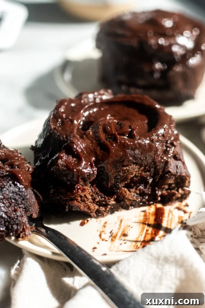 A single vegan double chocolate cinnamon roll on a plate with frosting, ready to be eaten.