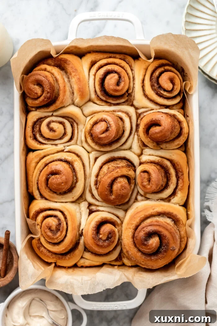 Freshly baked golden-brown vegan cinnamon rolls in a casserole dish, prior to icing.