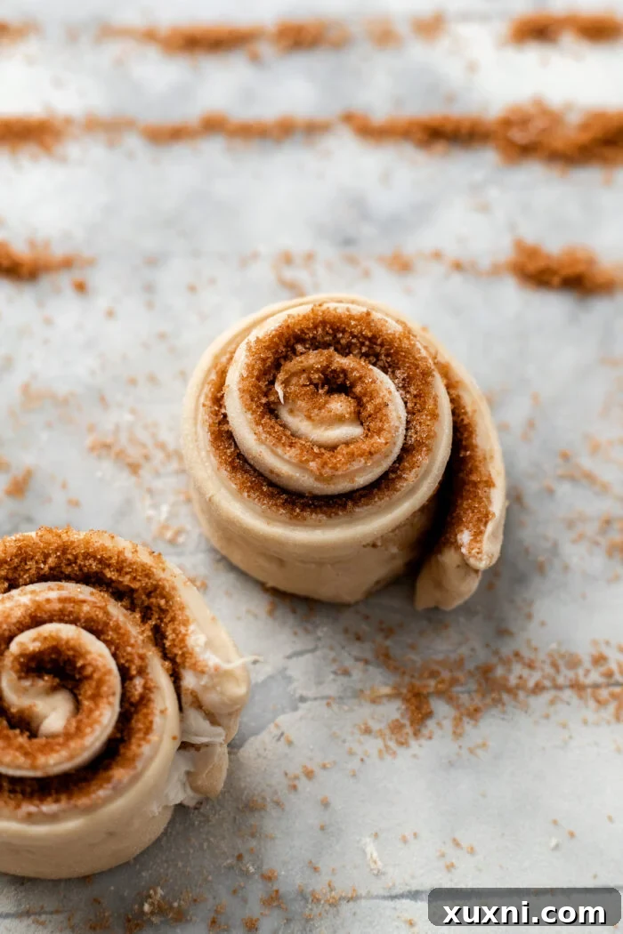 Freshly sliced vegan cinnamon rolls arranged in a baking dish before rising.