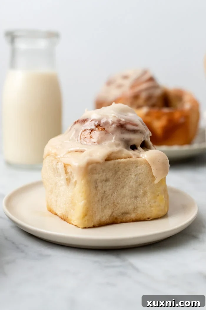 A freshly baked vegan cinnamon roll on a plate, ready to be enjoyed.