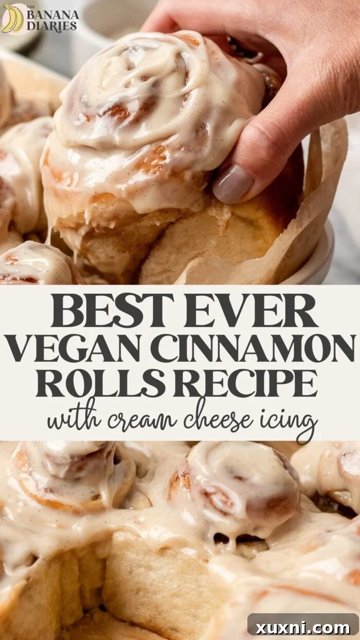 Pinterest pin graphic for vegan cinnamon rolls featuring a close-up of the iced rolls.