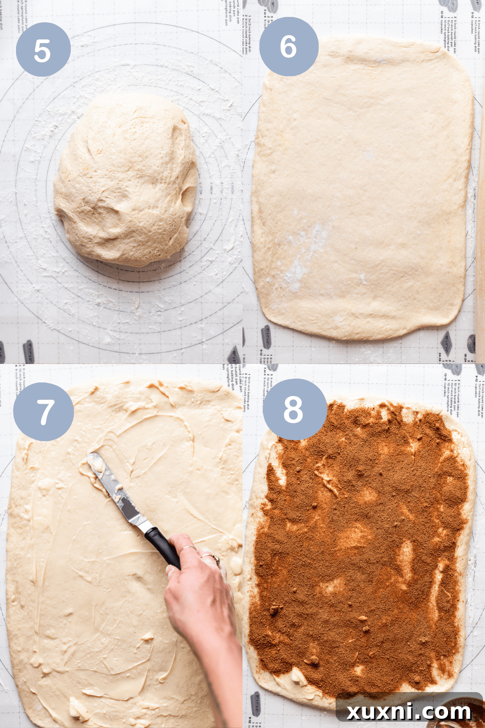 Collage illustrating the process of rolling the vegan cinnamon roll dough tightly.