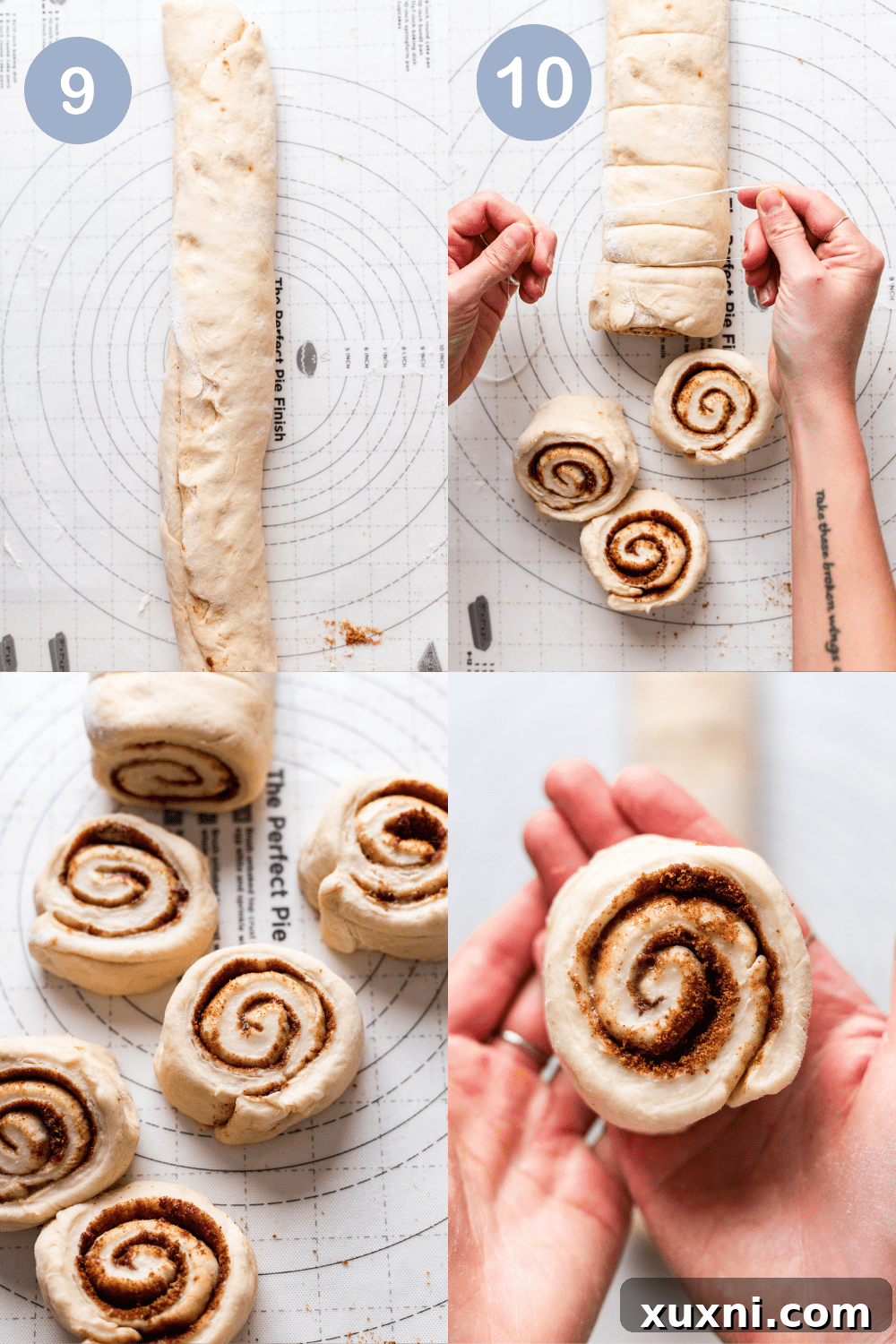 Collage showing how to slice vegan cinnamon rolls evenly using twine or a pizza cutter.