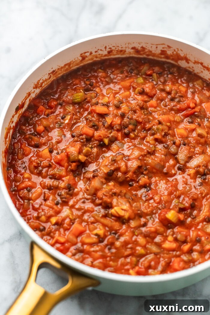 The Easiest 8-Ingredient Plant-Based Bolognese 6 The finished lentil bolognese sauce, rich and thick, simmering in a pan, ready to be combined with pasta.