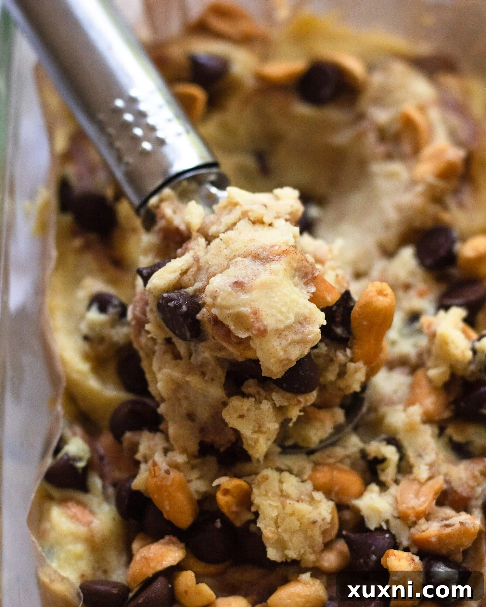 close up of scooped vegan snickers ice cream