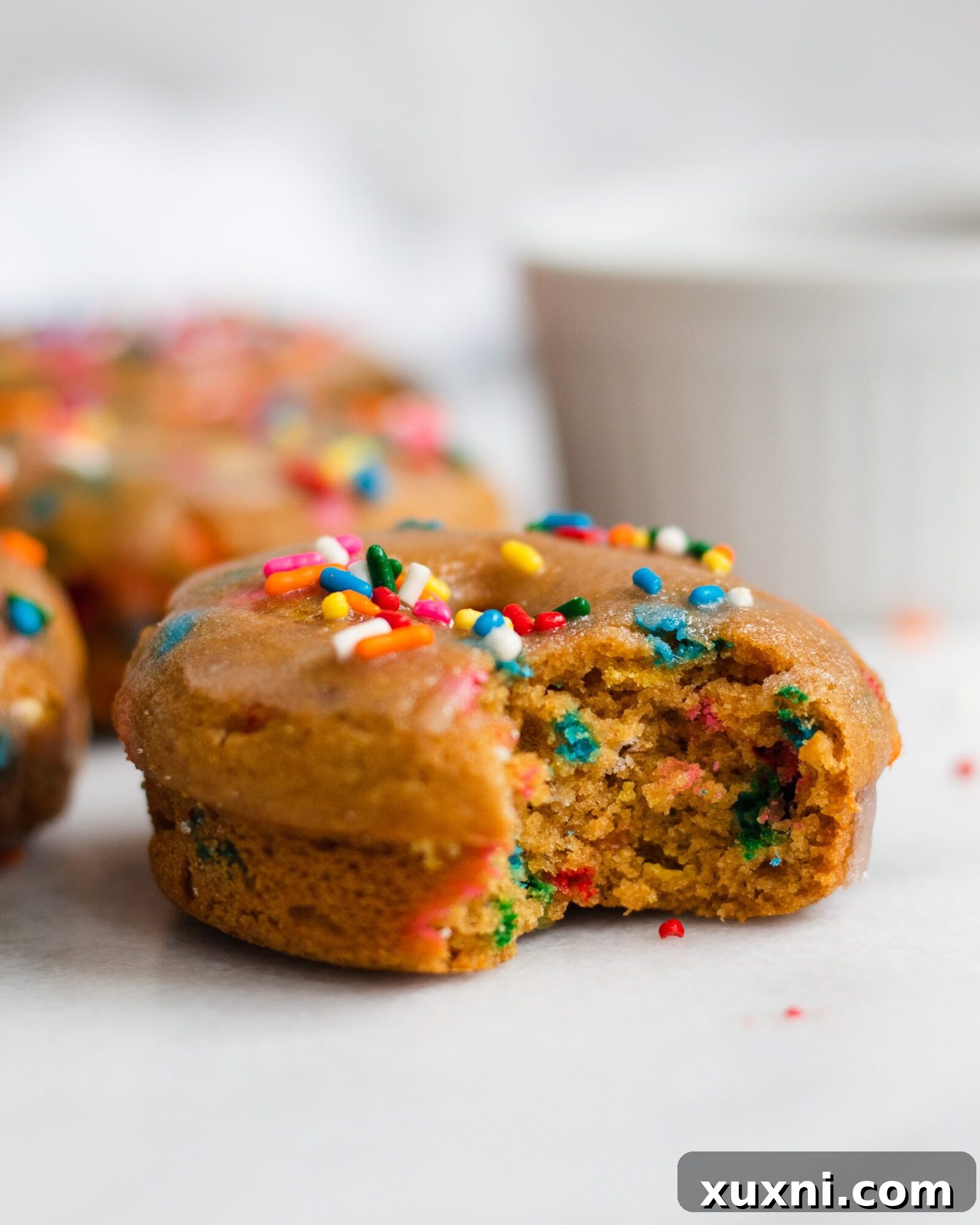 Vegan Birthday Donut Delights 5 close up of donut with bite taken out of it
