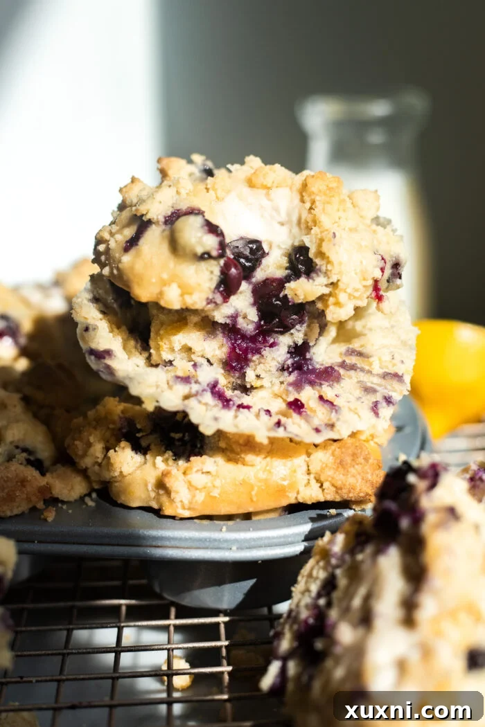 bitten lemon blueberry muffin with cream cheese filling