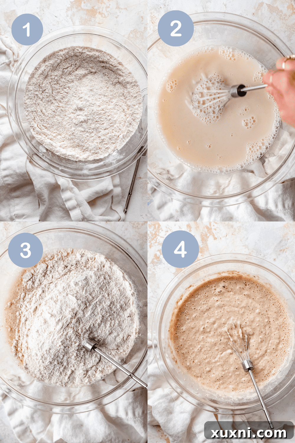 Step-by-step image showing how to mix vegan pancake batter