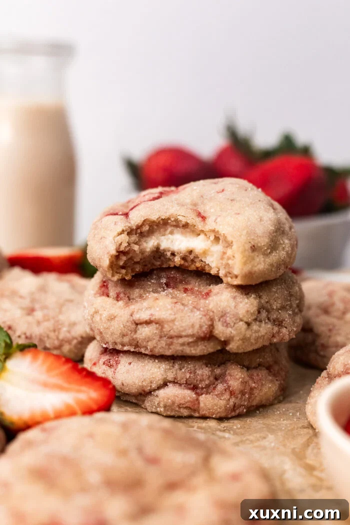 stacked strawberry cheesecake cookies with bite taken from it