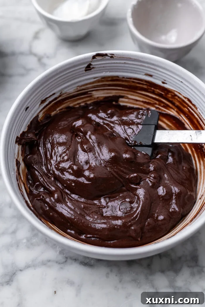 Rich, dark vegan brownie batter mixed to perfection.