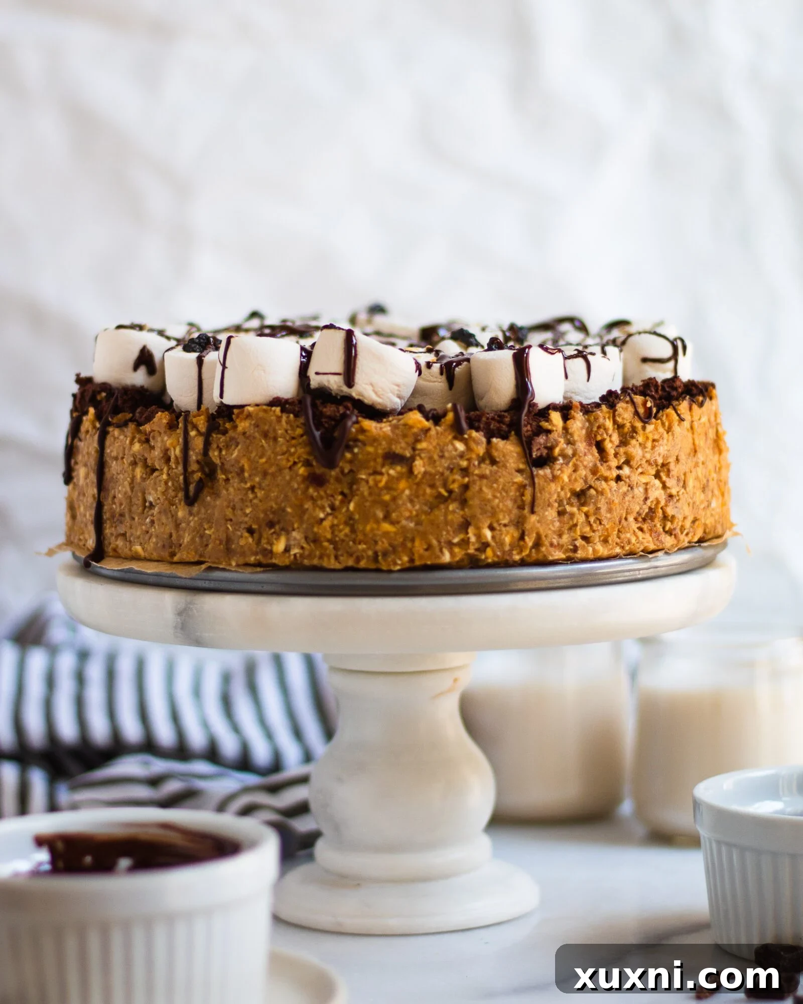 s'mores pie on cake stand