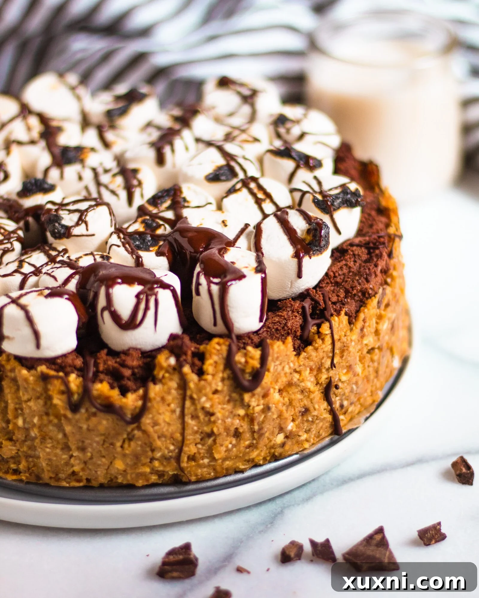 close up of chocolate pie with marshmallows