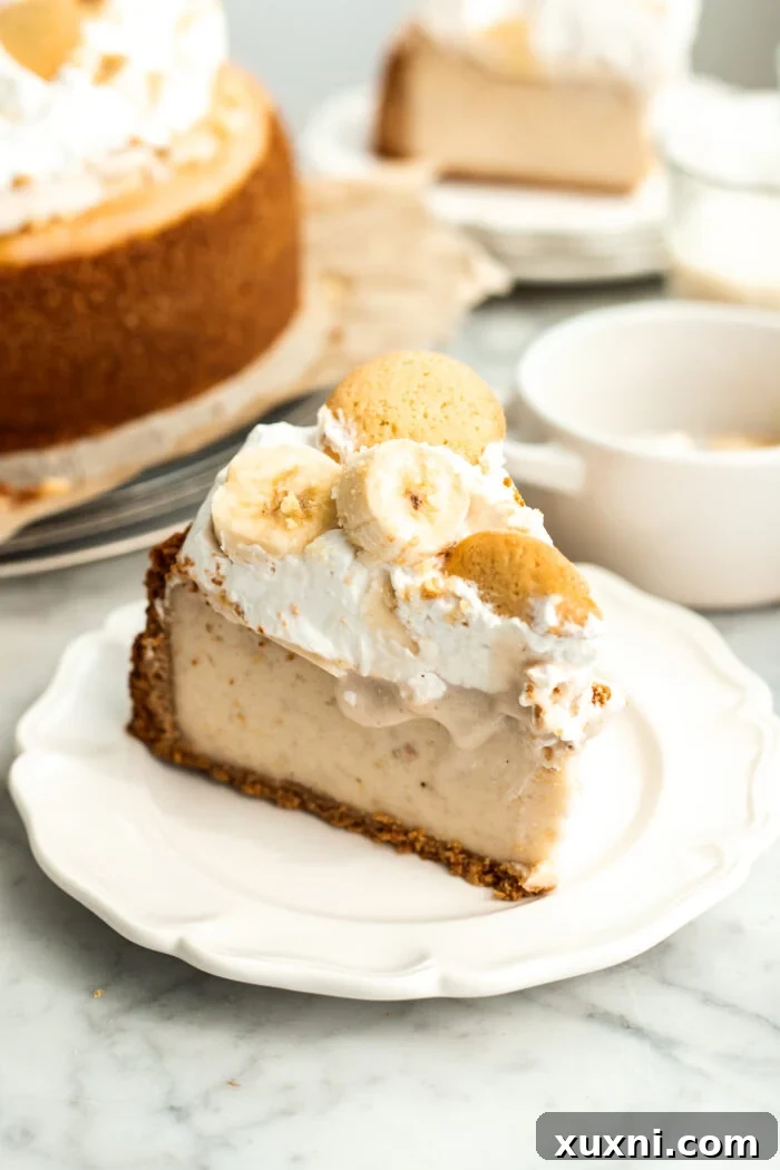 close-up of a slice of vegan banana pudding cheesecake