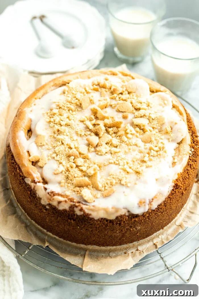 assembling layers of banana, pudding, and cookies on cheesecake