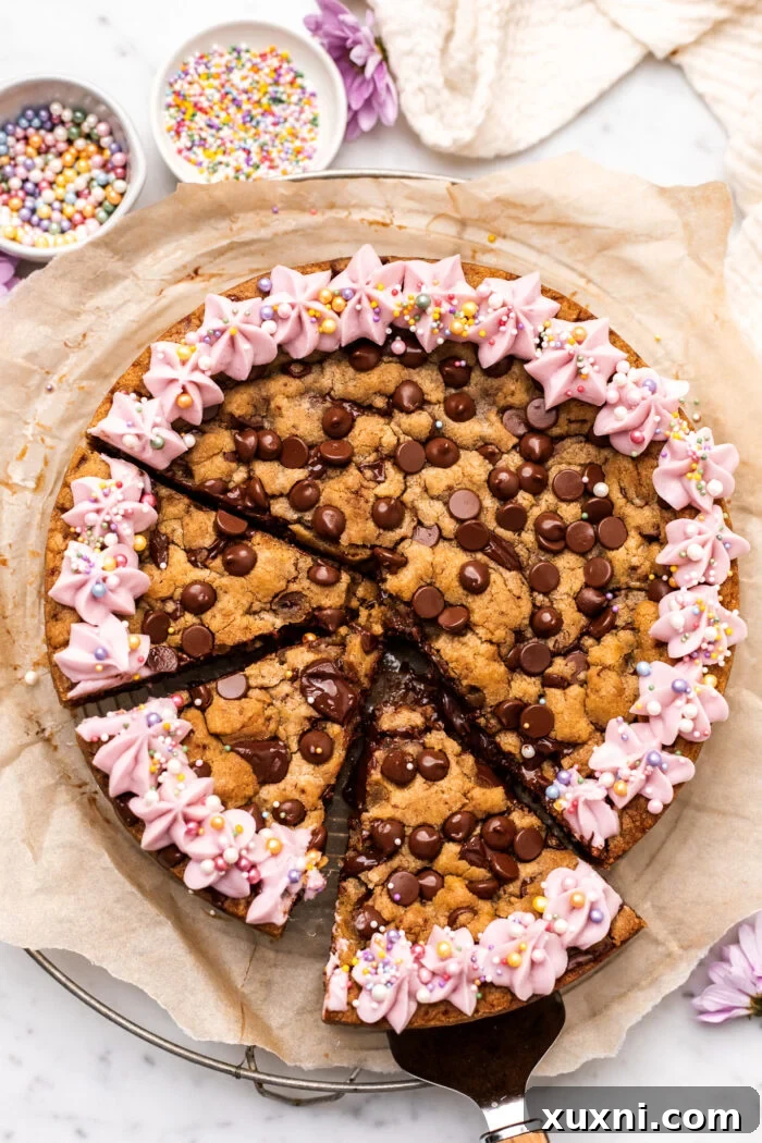 Sliced vegan Nutella-stuffed brown butter chocolate chip cookie cake showcasing its gooey center and soft texture.