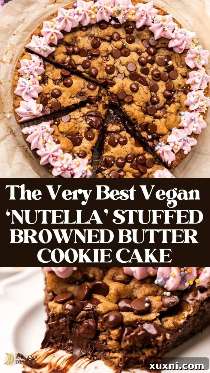 Homemade 'Brown Butter' Nutella-Stuffed Vegan Cookie Cake Recipe Pinterest Pin - vertical image for saving.