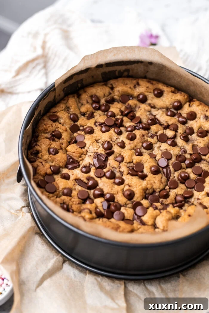 Image of the baked vegan cookie cake, golden brown and perfectly risen, cooling in its pan.
