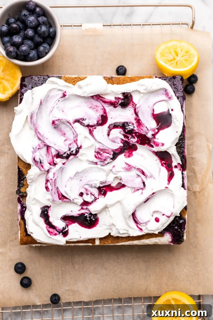 The finished vegan lemon blueberry icebox cake, beautifully garnished with fresh cream and blueberries.
