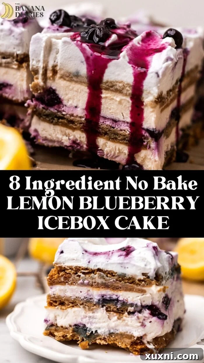 A Pinterest pin for 8 Ingredient Lemon Blueberry Icebox Cake - Dairy Free & Vegan!