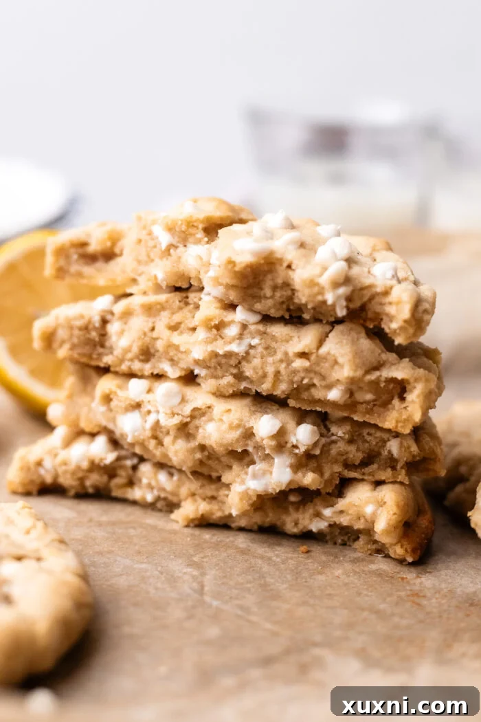 stacked vegan lemon cookies with white chocolate