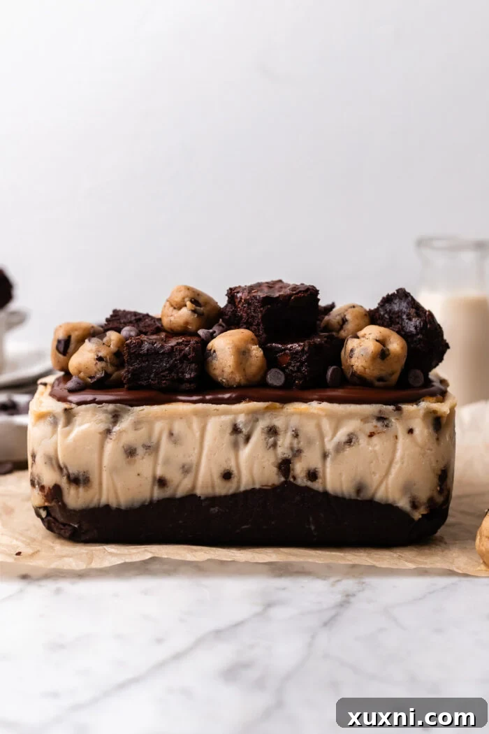 Plant-Powered Brookie Basque Cheesecake Bars for Small Cravings 11 Beautifully assembled and cooled vegan brookie Basque cheesecake, ready for slicing and serving.