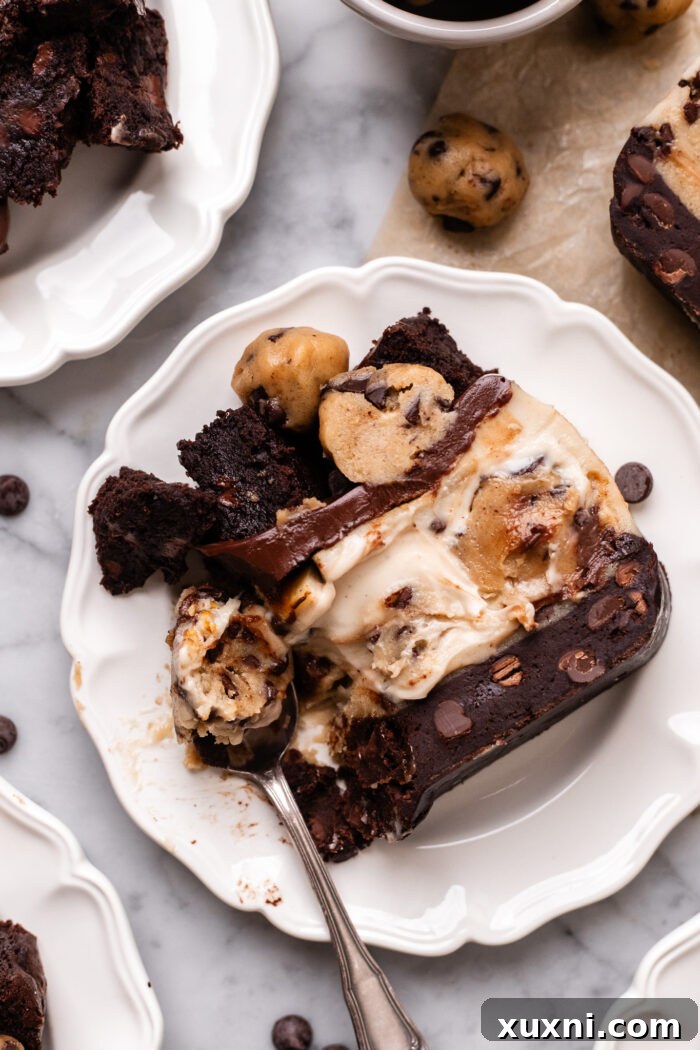 Plant-Powered Brookie Basque Cheesecake Bars for Small Cravings 15 Another close-up of a bitten vegan brookie Basque cheesecake bar, highlighting its delightful texture and layers.