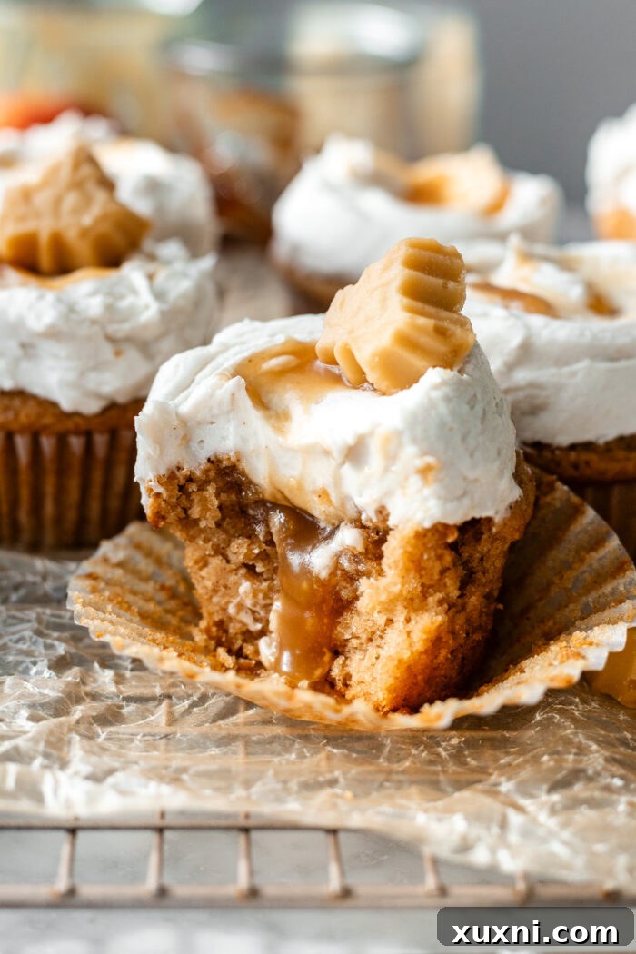 A perfectly baked and frosted vegan apple cider cupcake, ready to be enjoyed.
