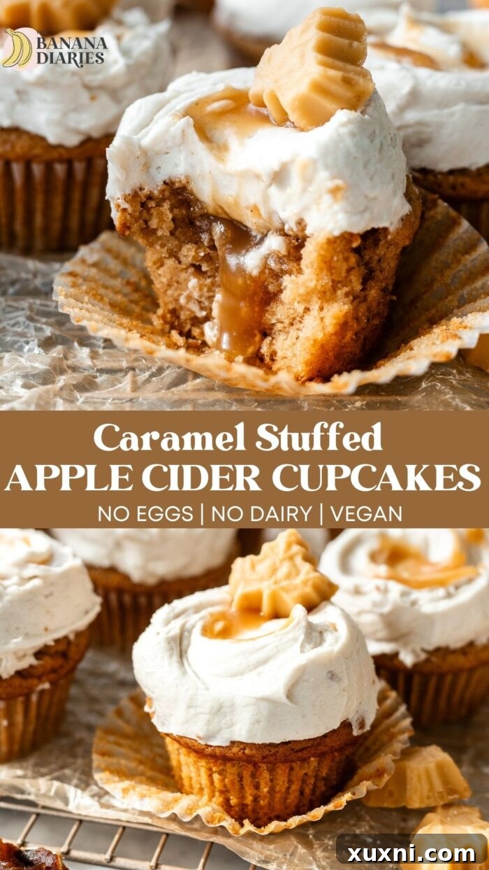 Pinterest pin image for Salted Caramel Vegan Apple Cider Cupcakes with 'Brown Butter' Cream Cheese Frosting