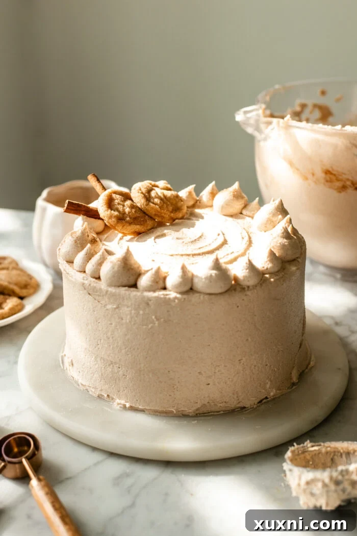 Beautifully frosted vegan snickerdoodle cake with cinnamon swirl