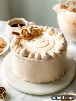 Close-up of a vegan snickerdoodle cake on a cake board