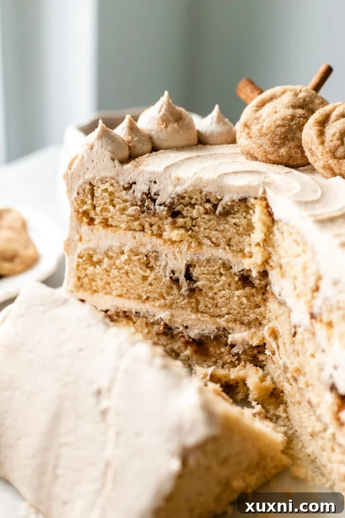 A perfectly sliced vegan snickerdoodle cake, showing multiple layers