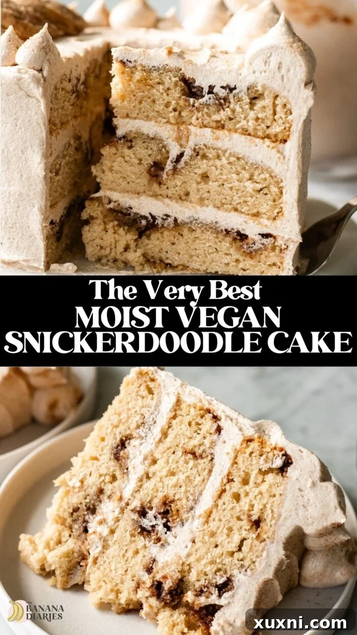 Pinterest pin for One Bowl MOIST Vegan Snickerdoodle Cake with Cinnamon 'Cream Cheese' Frosting