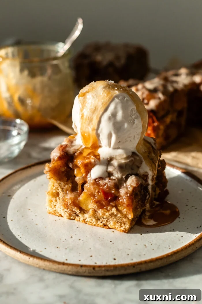 A slice of vegan apple fritter cake served warm with a scoop of vegan vanilla ice cream and a drizzle of homemade vegan caramel sauce, on a rustic surface.