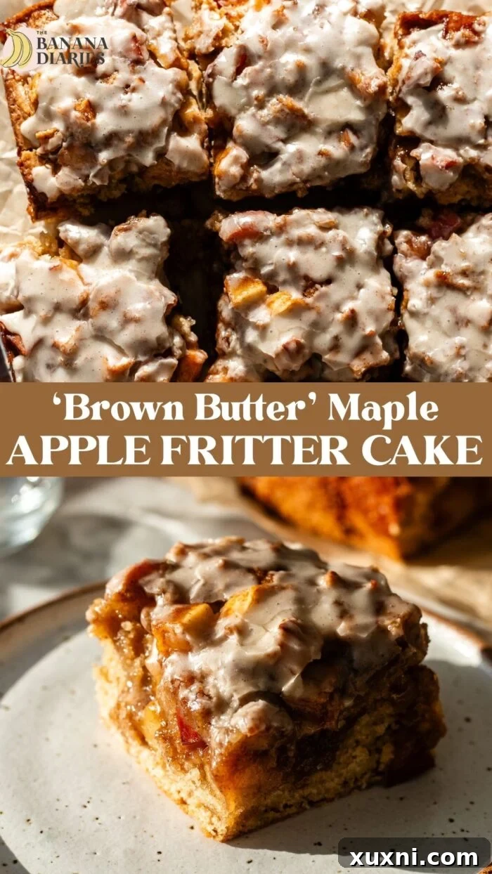 Pinterest graphic for MOIST 'Brown Butter' Vegan Apple Fritter Cake, designed for sharing on social media platforms like Pinterest.