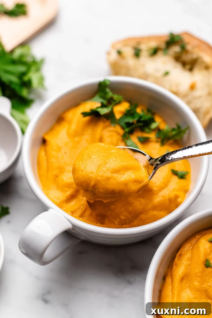 A single bowl of roasted butternut squash and sweet potato soup, garnished with a swirl of vegan cream and fresh parsley, with a spoon resting in it.