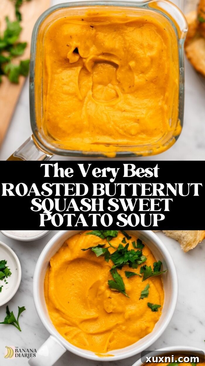 Pinterest pin for Easy Roasted Butternut Squash & Sweet Potato Soup with appealing imagery and text overlay.