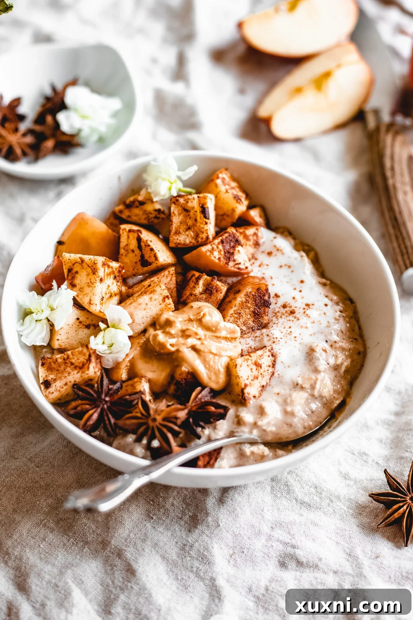 bowl of apple pie overnight oats with sautéed apples on top
