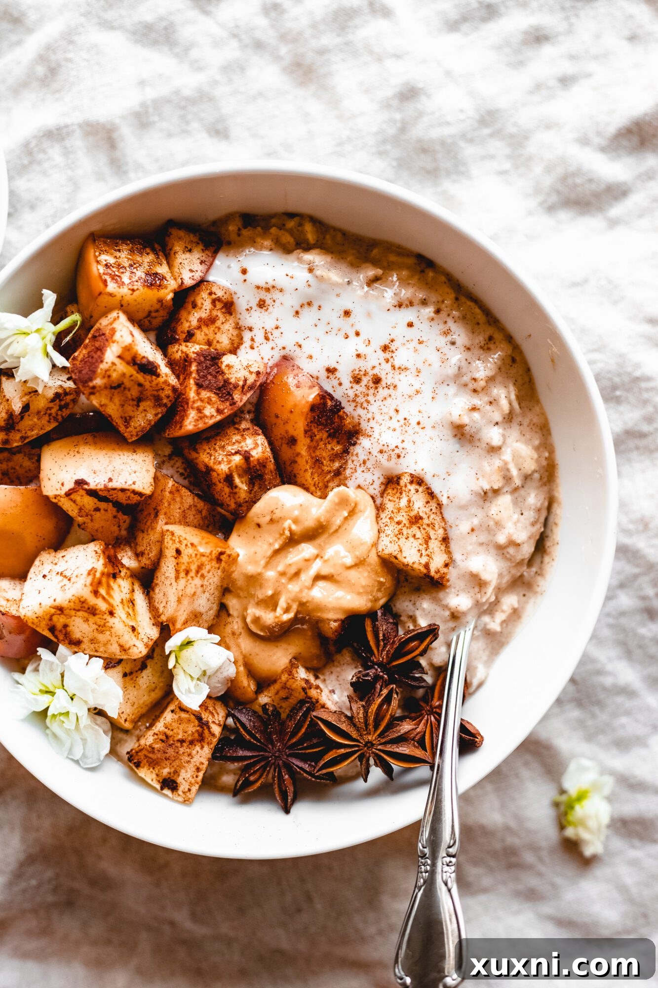 close ups of sautéed apples on overnight oats