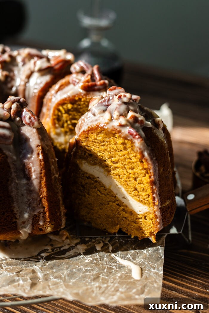 sliced vegan pumpkin bundt cake showing a cross-section