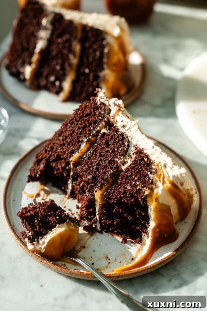 Decadent One-Bowl Vegan Chocolate Caramel Cake 5 A close-up of a bitten vegan chocolate caramel cake, showing the perfect layers and a bite taken out.