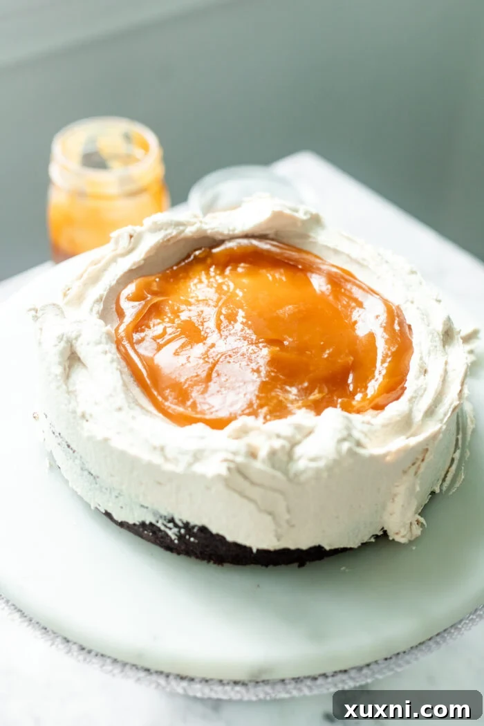 Decadent One-Bowl Vegan Chocolate Caramel Cake 7 Step-by-step image of assembling the chocolate caramel cake, showing layers of cake, frosting, and caramel.