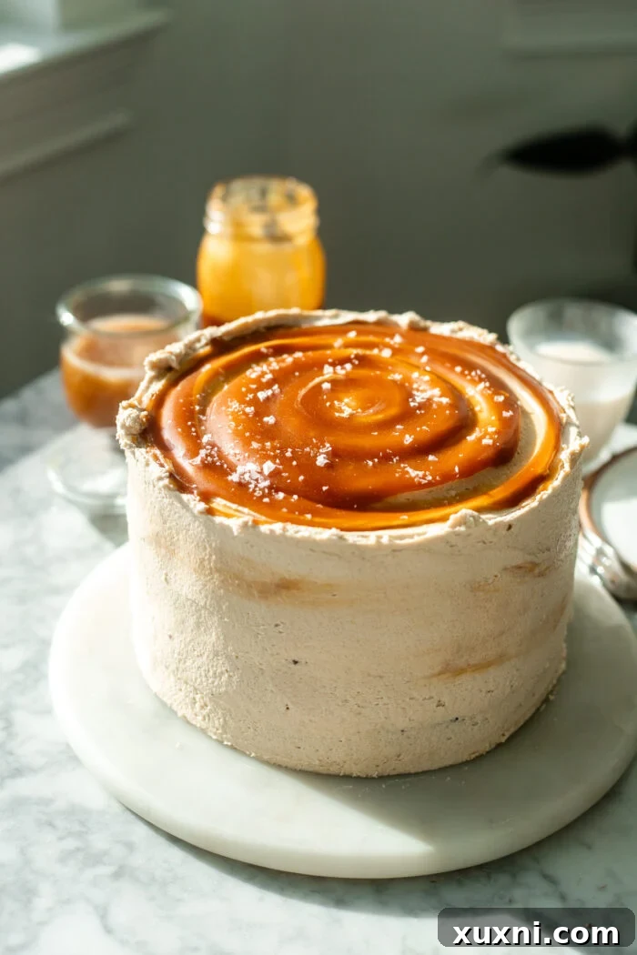 Decadent One-Bowl Vegan Chocolate Caramel Cake 8 A fully frosted vegan chocolate caramel cake, ready for final decoration or serving.