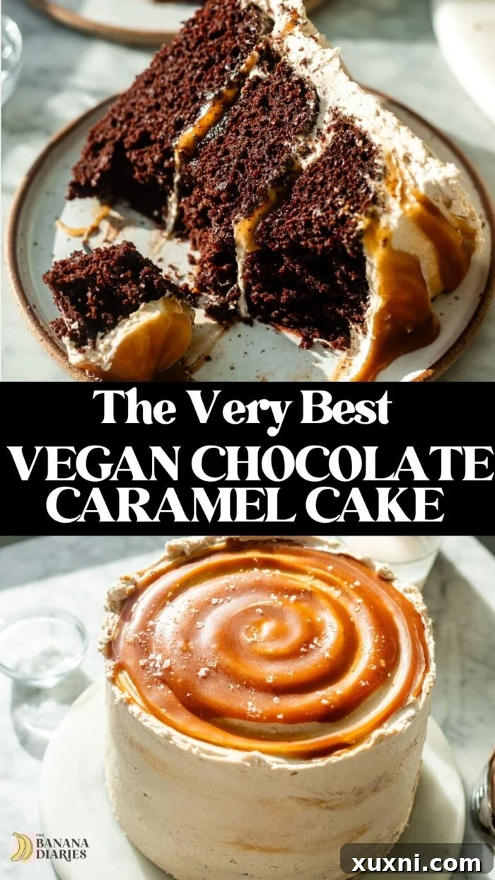 Decadent One-Bowl Vegan Chocolate Caramel Cake 9 Pinterest pin for One Bowl MOIST Vegan Chocolate Caramel Cake, featuring a beautiful cake image.