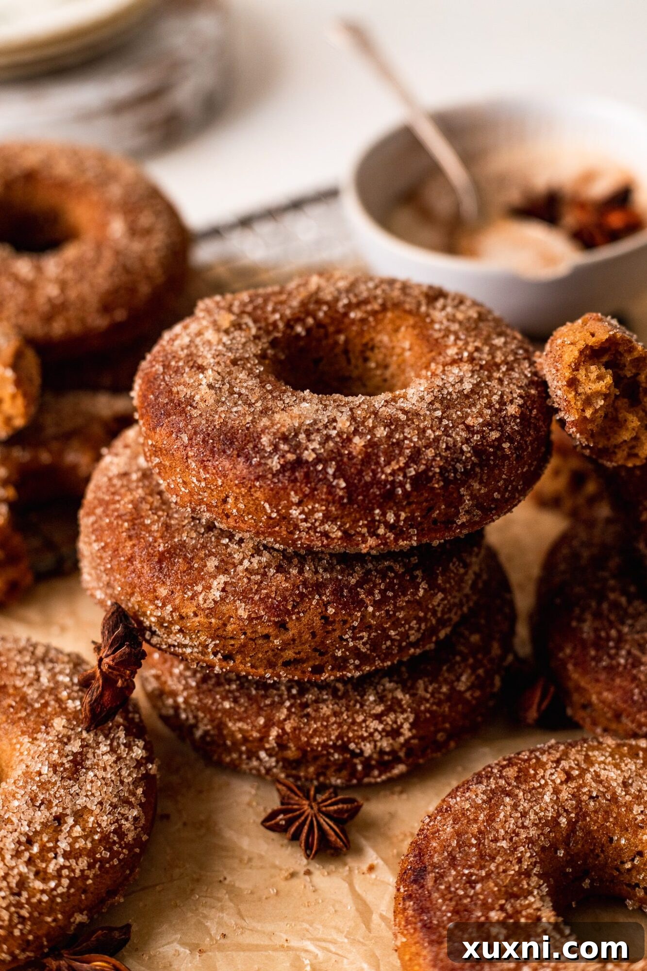 Effortless Vegan Gluten Free Cinnamon Sugar Donuts 3 stack of baked vegan donuts