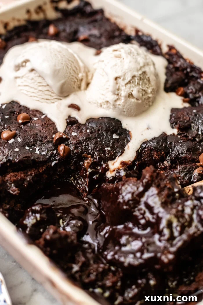 A delectable close-up of the molten self-saucing chocolate pudding cake, with a scoop revealing its warm, gooey chocolate sauce beneath the soft cake layer.