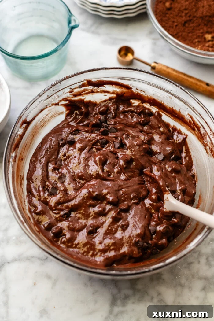 Smooth, rich self-saucing chocolate pudding cake batter in a mixing bowl.