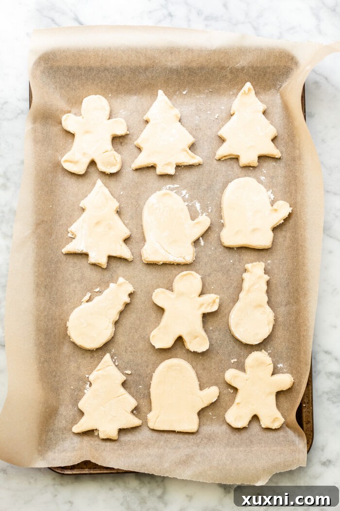 Soft Baked Frosted Dairy-Free Sugar Cookies with Vegan Cream Cheese Frosting 10 Unbaked cut-out vegan sugar cookies arranged on a parchment-lined baking sheet
