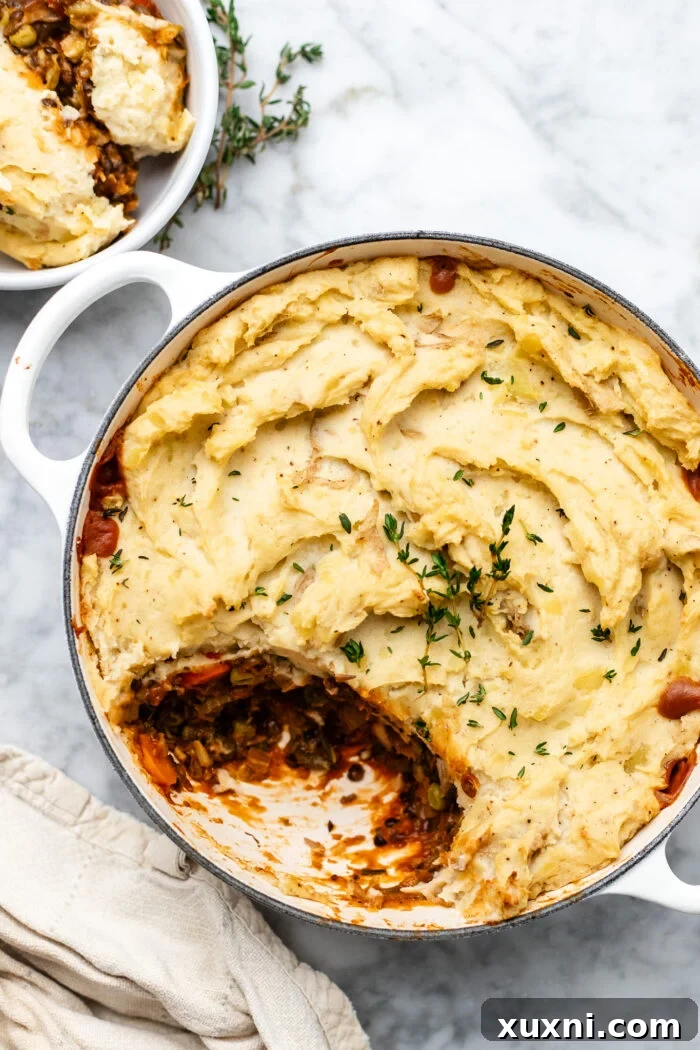 scooped vegan lentil shepherds pie, showcasing a rich, thick filling and creamy mashed potato topping