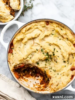 scooped vegan lentil shepherds pie, showcasing a rich, thick filling and creamy mashed potato topping