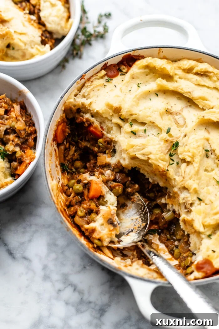 scooped lentil shepherd's pie with a golden mashed potato crust